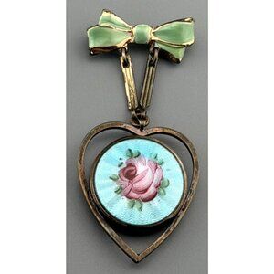 Vintage Guilloché Sterling Silver Brooch Sweetheart Mourning Photo Locket Style